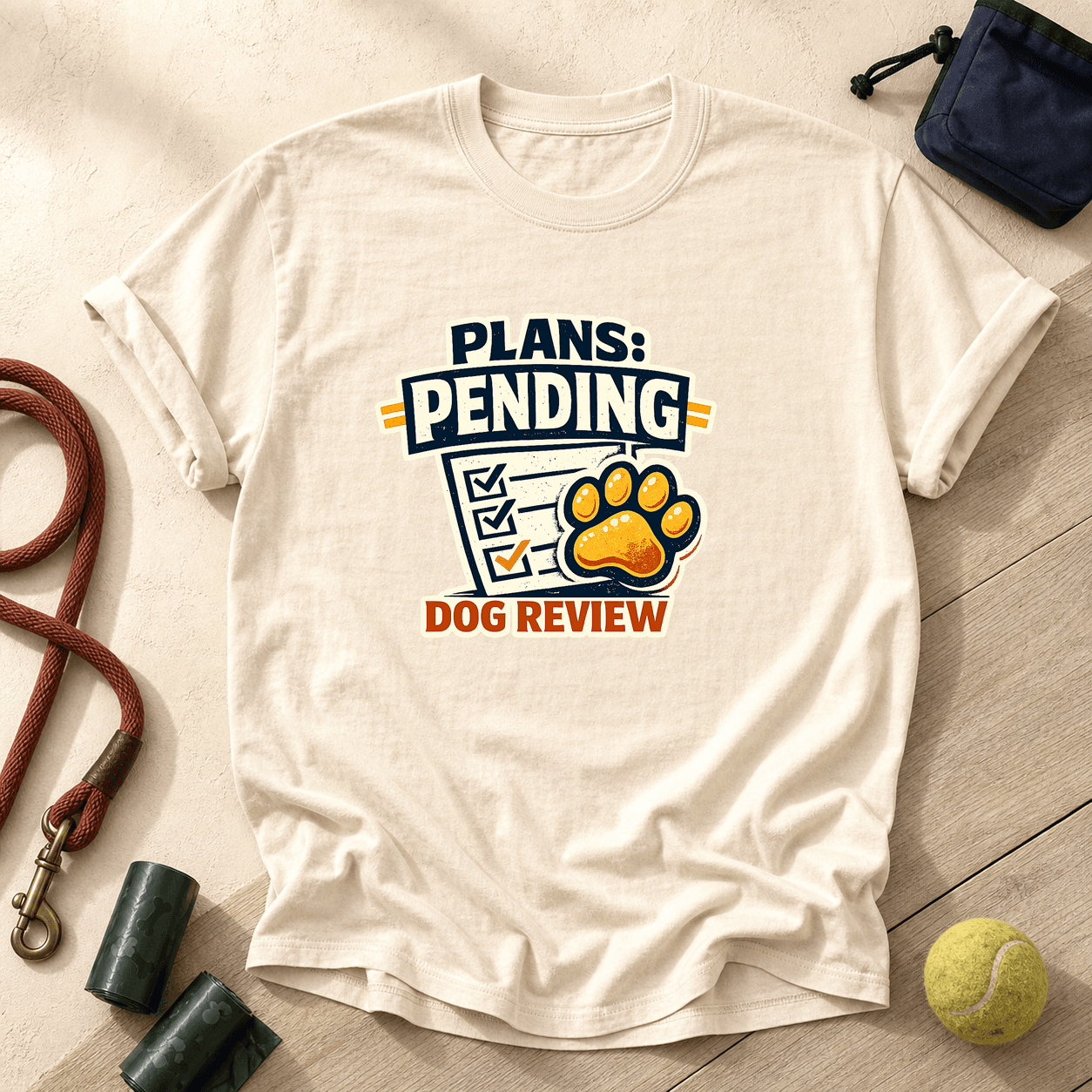 Ivory Comfort Colors T-shirt printed with Plans Pending Dog Review, a checklist and a friendly paw-print stamp, surrounded by dog-walk props.