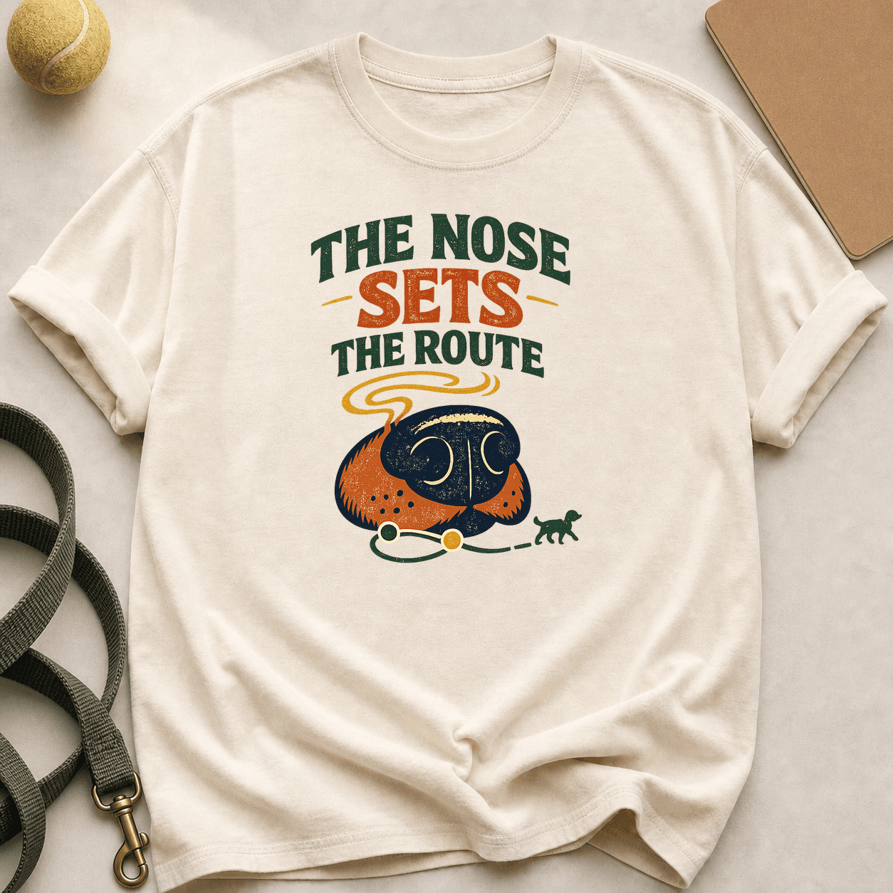 Ivory Comfort Colors T-shirt printed with The Nose Sets the Route above a stylised dog nose and scent-route line.