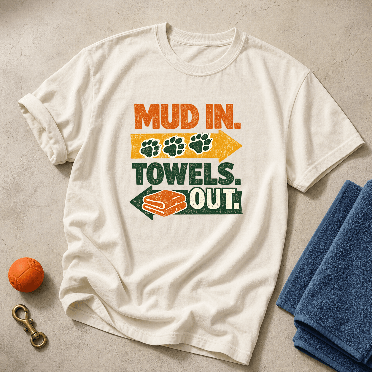 Ivory Comfort Colors T-shirt printed with Mud In, Towels Out, three muddy dog paw prints and two folded towels.