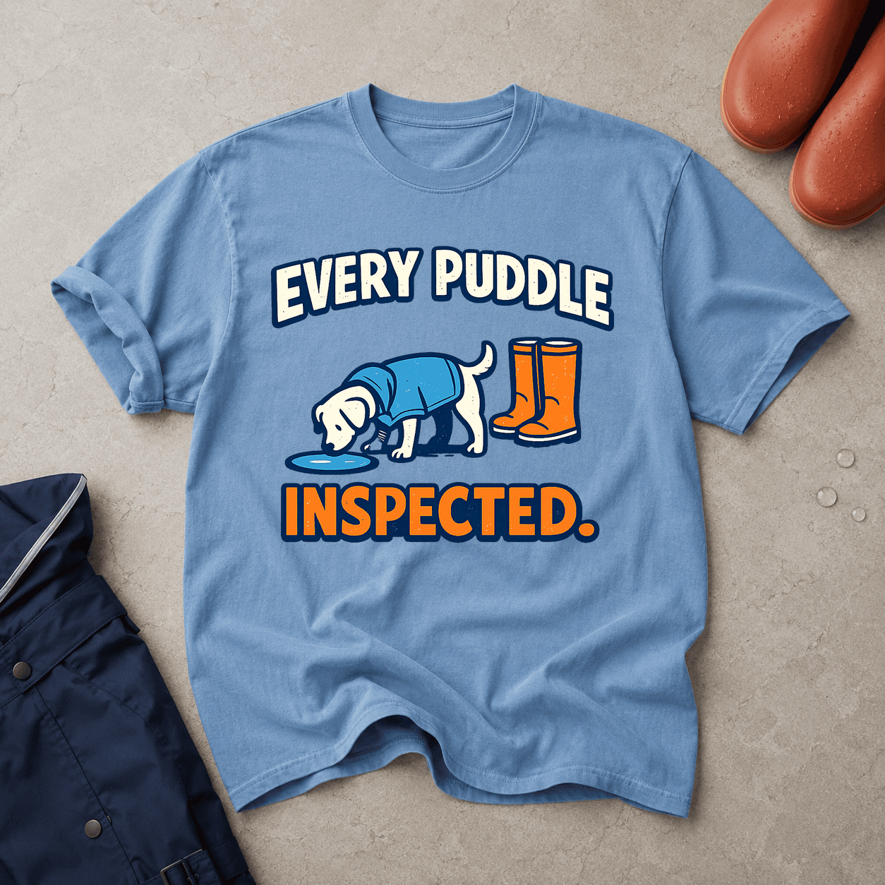 Chambray blue Comfort Colors T-shirt printed with Every Puddle Inspected, a raincoat-wearing dog, one puddle and two orange wellington boots.