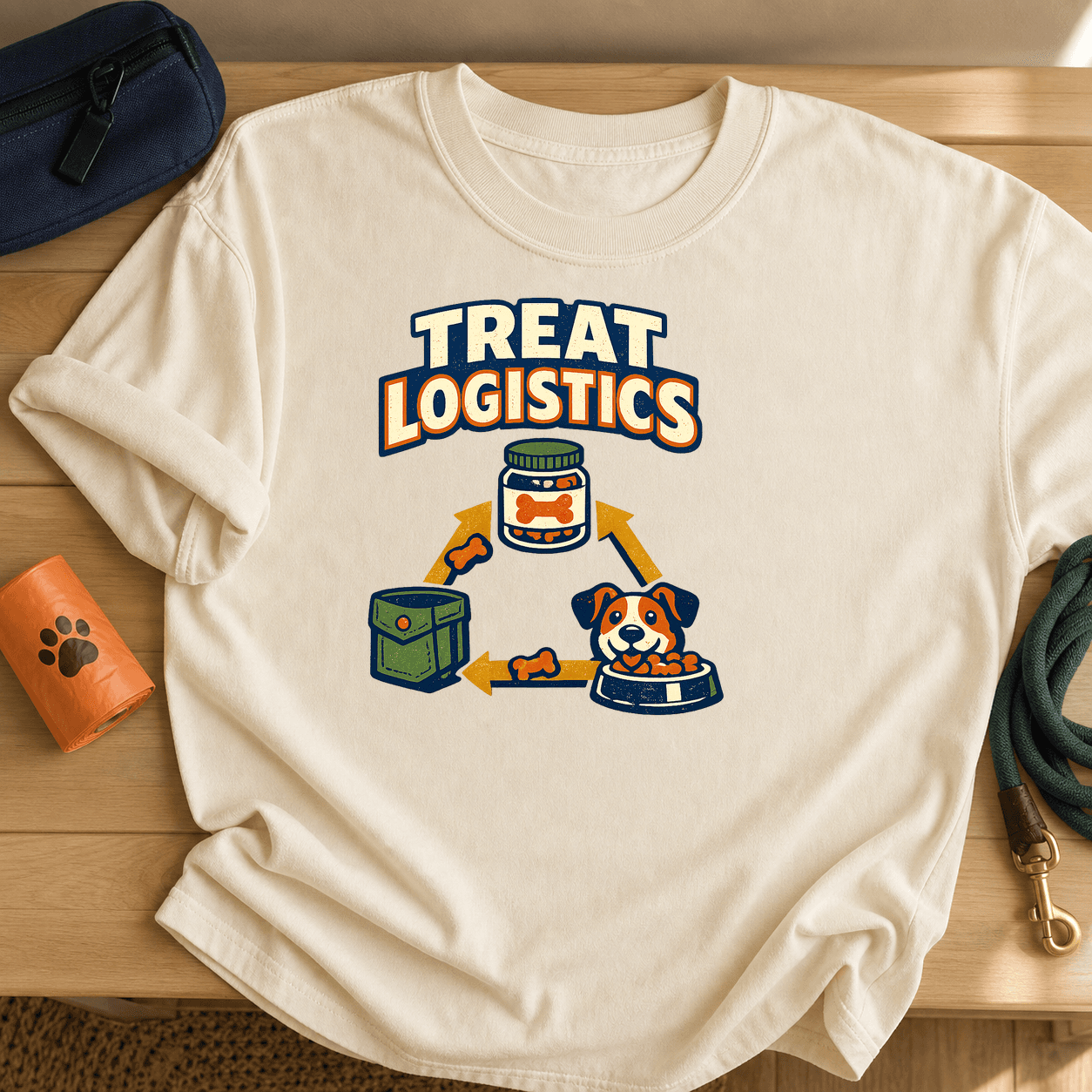 Ivory Comfort Colors T-shirt printed with Treat Logistics above a treat jar, pocket, bowl and dog connected by arrows.