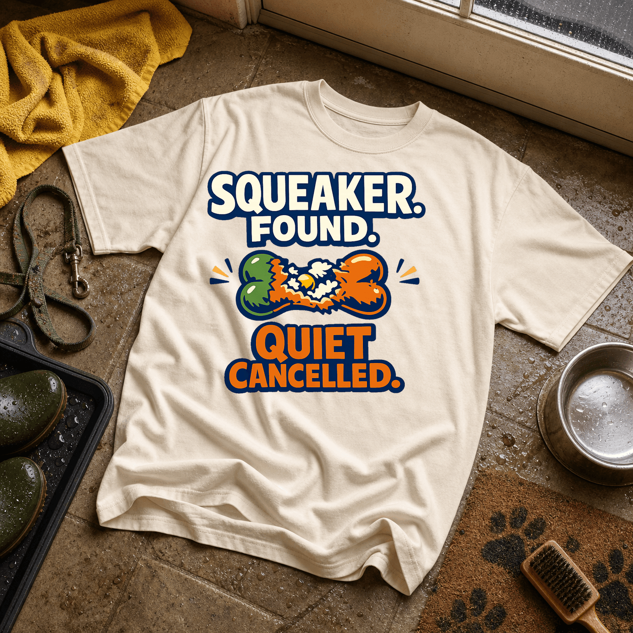 Ivory Comfort Colors T-shirt printed with Squeaker Found. Quiet Cancelled. and a chewed squeaky dog toy.