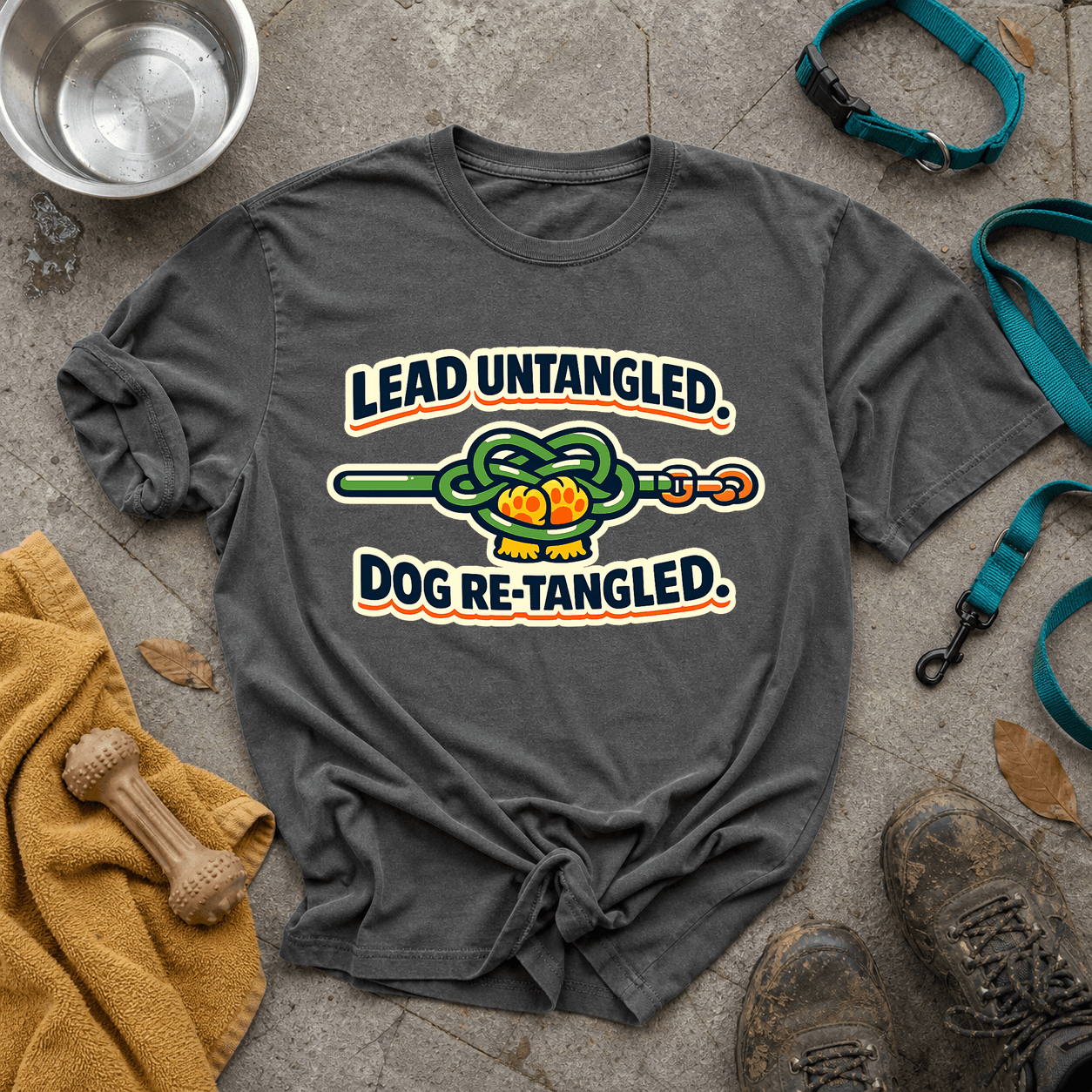 Pepper Comfort Colors T-shirt printed with Lead Untangled. Dog Re-Tangled., a looped dog lead and two dog paws.