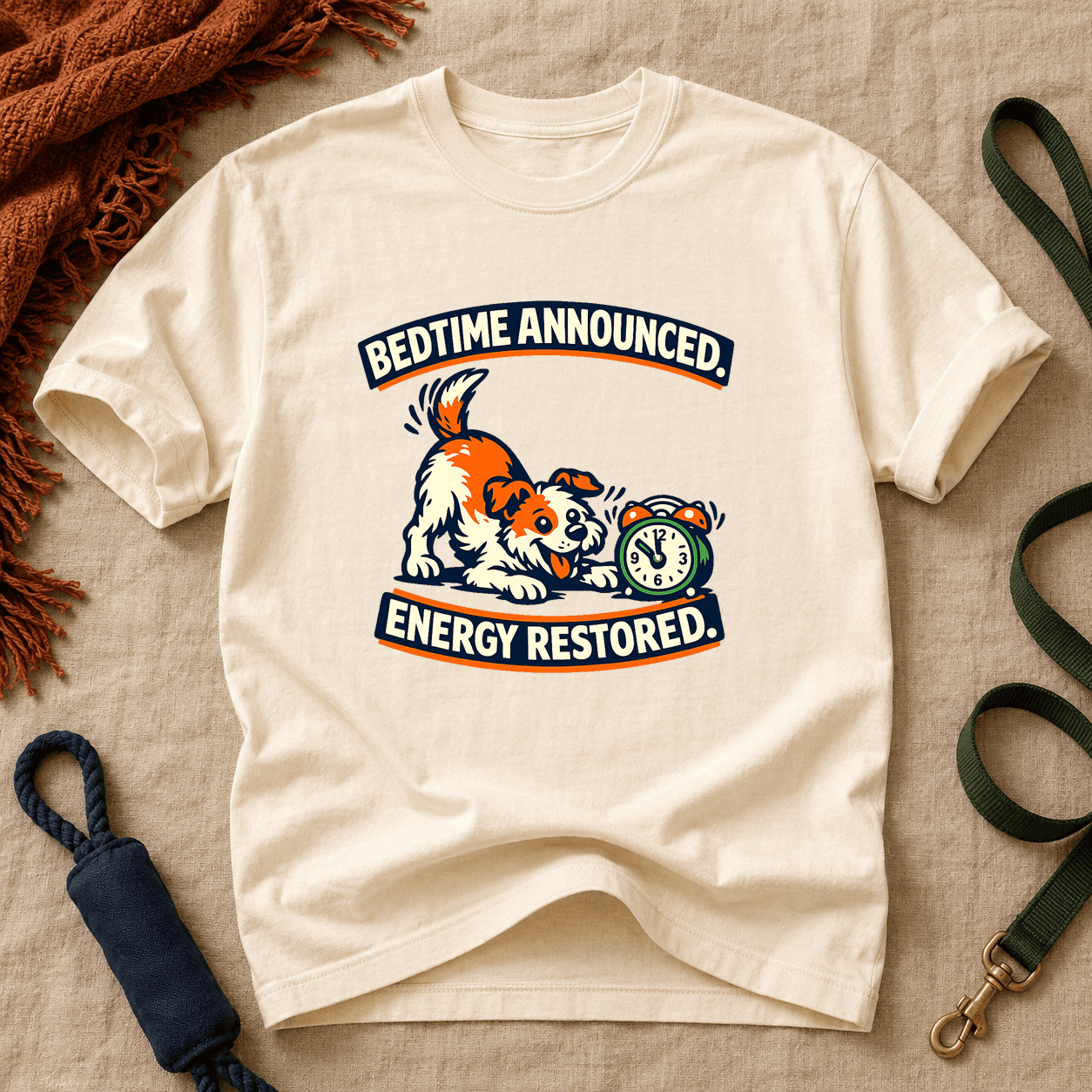 Ivory Comfort Colors T-shirt printed with Bedtime Announced. Energy Restored., a playful dog and an alarm clock.