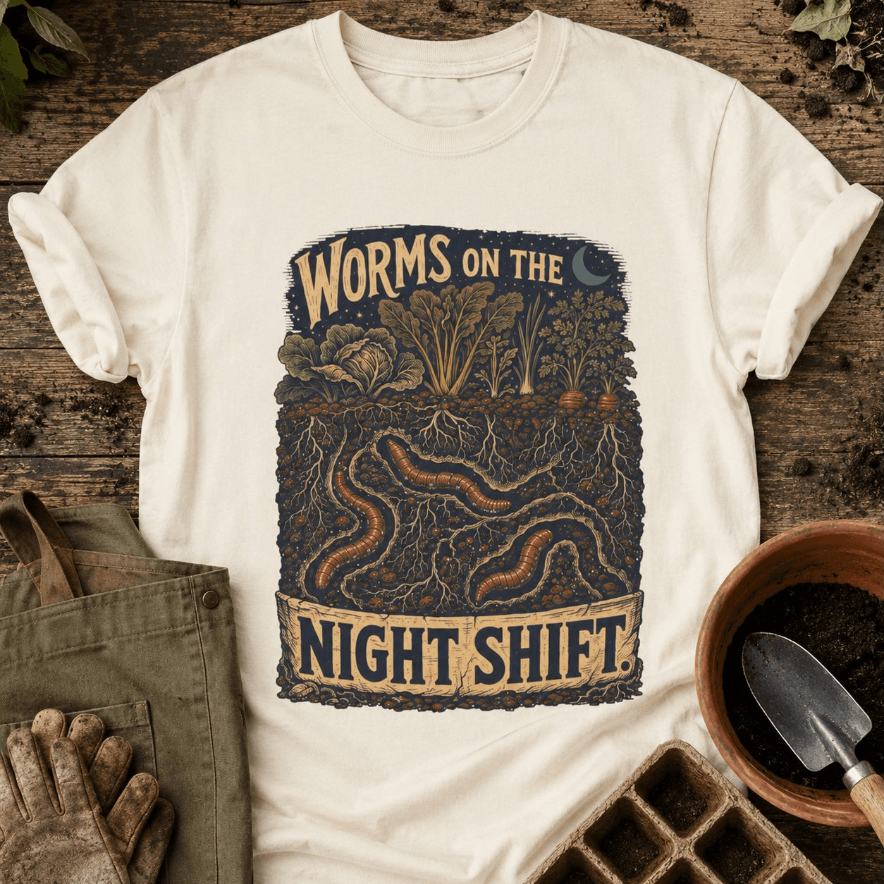Ivory Comfort Colors T-shirt printed with Worms on the Night Shift, styled with rolled sleeves, gardening apron, gloves, pot and trowel.