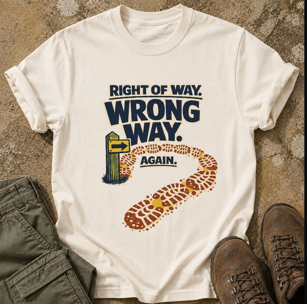 Ivory Comfort Colors T-shirt printed with Right of Way. Wrong Way Again., styled with rolled sleeves, walking trousers and boots.
