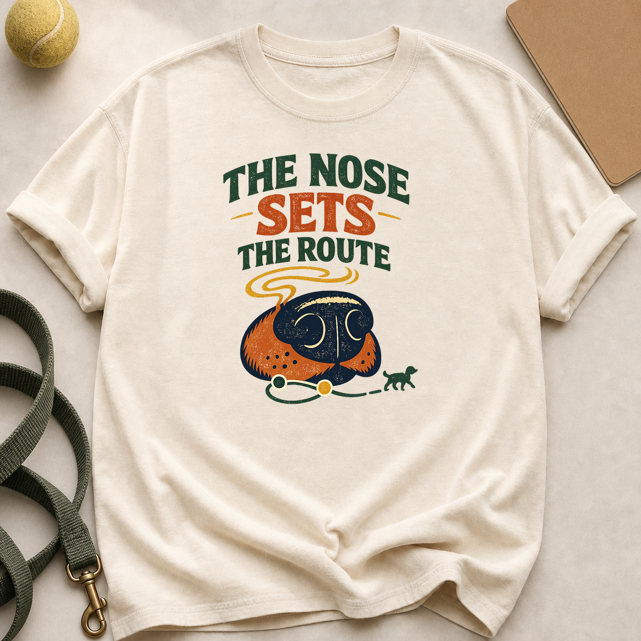 Ivory Comfort Colors T-shirt printed with The Nose Sets the Route above a stylised dog nose and scent-route line.